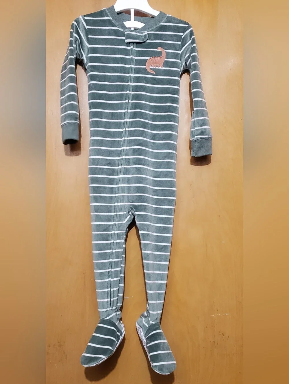 Carter's Green and White Striped Footed One-Piece with Dino Patch